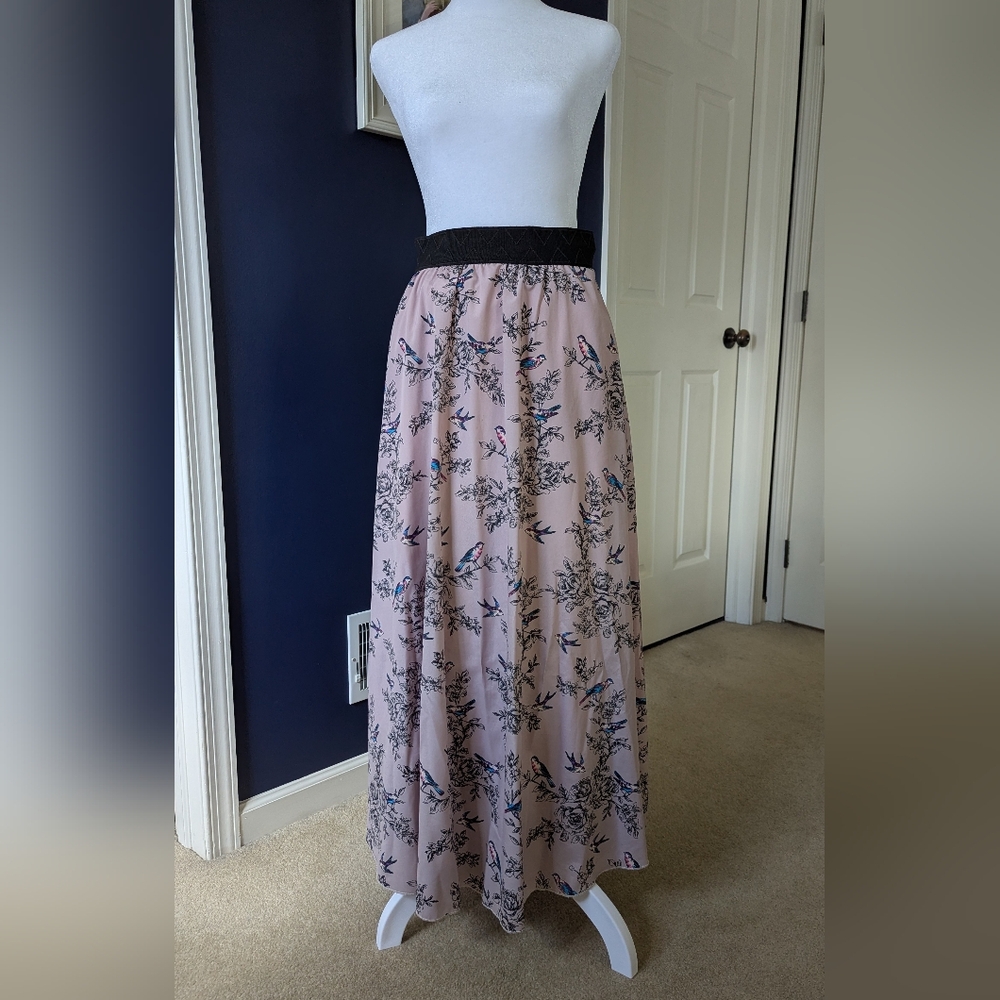 Floral Bird Print Maxi Skirt - Pink